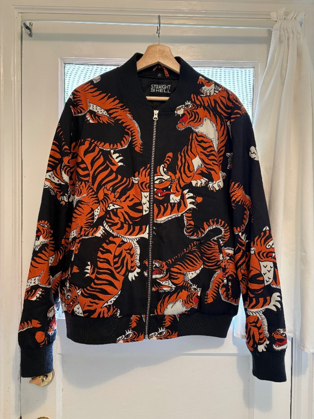 NWOT Men's XL Straight to Hell Tame My Tiger Print Bomber Jacket